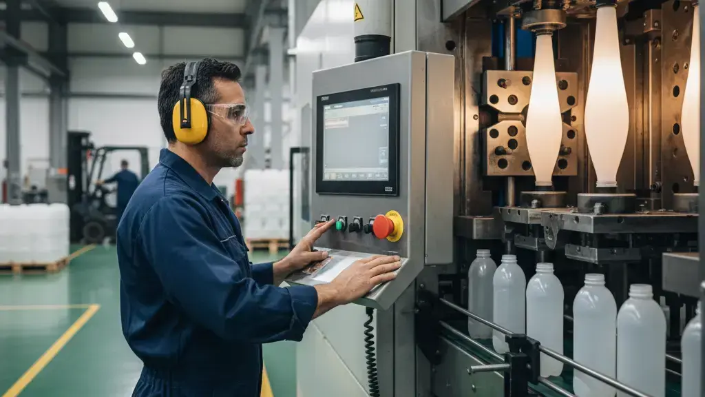 Blow molding technician operating extrusion blow molding equipment in a plastics manufacturing plant.