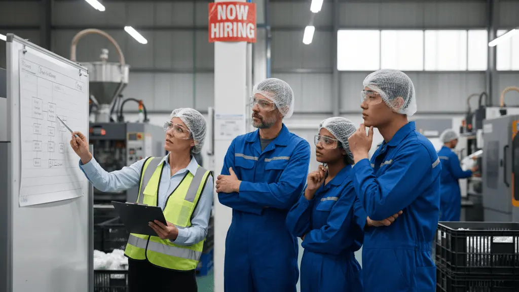 HR manager discussing hiring challenges with engineers inside a plastics manufacturing facility