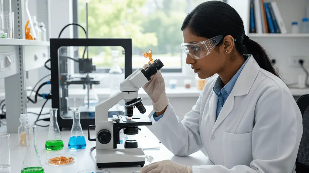 Polymer engineer analyzing sustainable materials and bioplastics in a research laboratory.