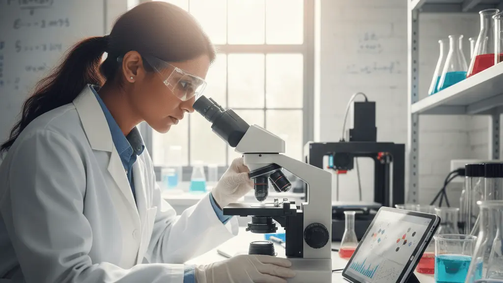 Materials engineer analyzing bioplastics and sustainable polymers in a research lab