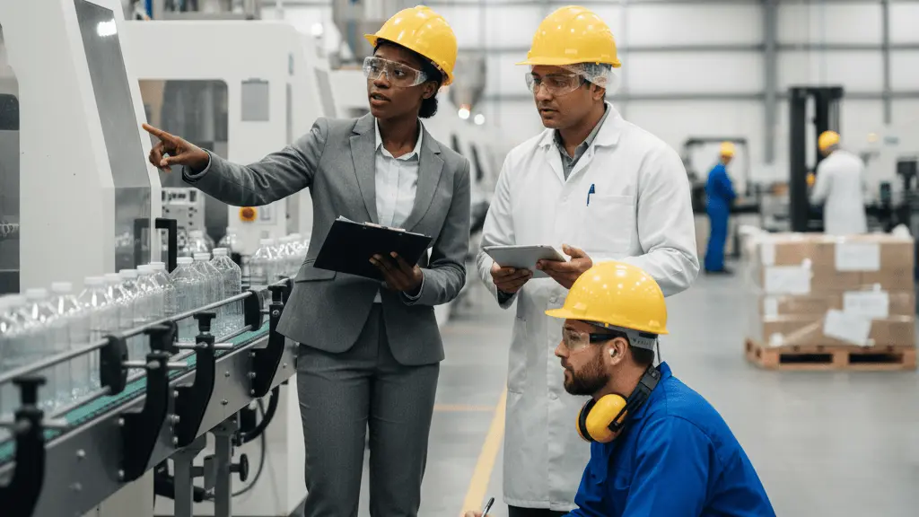 Three newly hired packaging leadership professionals, overseeing production startup in a high-volume plastics packaging facility.